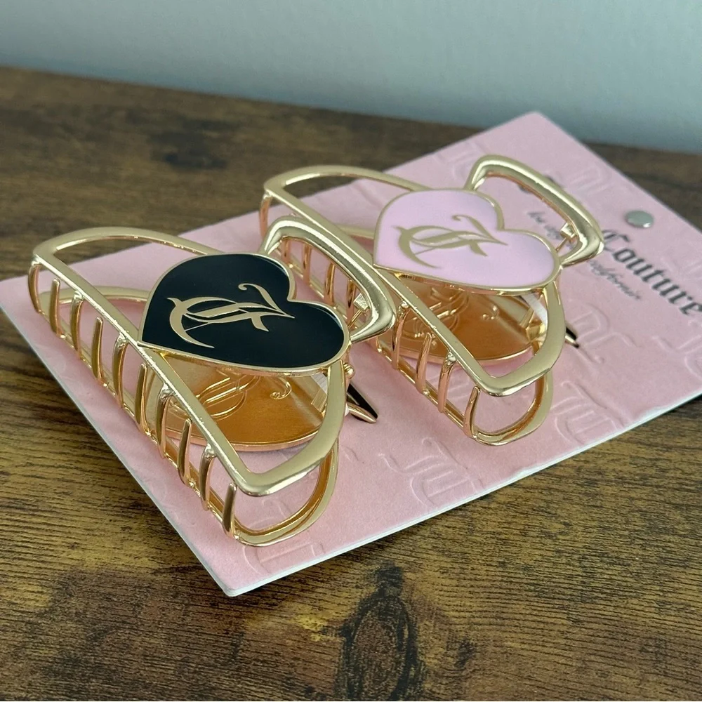 NWT Juicy Couture 2 Pck Hair Clip Claw Accessories Gold Pink Black JC Logo - Picture 2 of 3